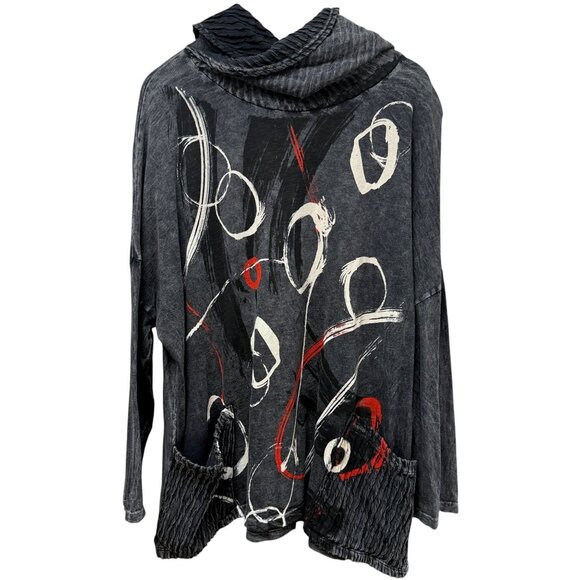 Jess & Jane Abstract Top Plus Size 1X Gray Cowl Neck Tunic Tee Pockets Turtlenec - Picture 2 of 10